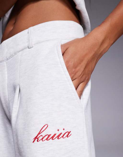 Kaiia cotton rich embroidered wide leg pintuck sweatpants in heather gray - part of a set  , 3 of 5