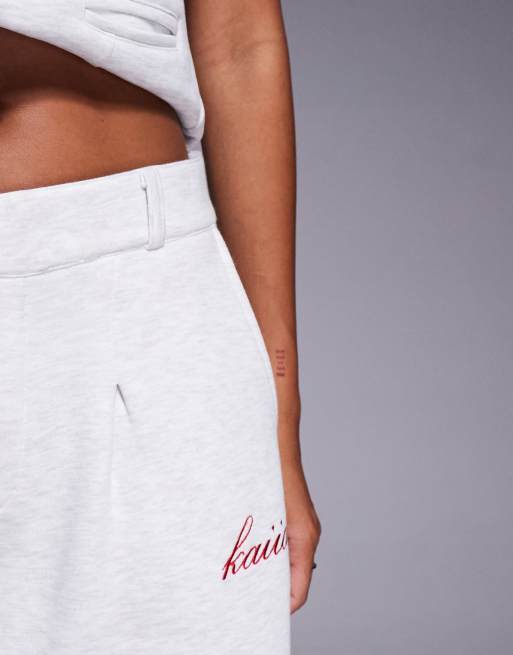 Kaiia cotton rich embroidered wide leg pintuck sweatpants in heather gray - part of a set  , 5 of 5