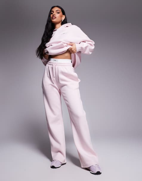 Kaiia cotton rich exclusive contrast logo waistband wide leg jogger co-ord in pink chai - view 1