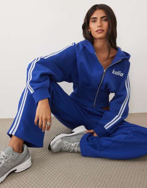 Kaiia cotton rich extreme sleeve cinched waist zip up hoodie in cobalt and baby blue - part of a set - view 1