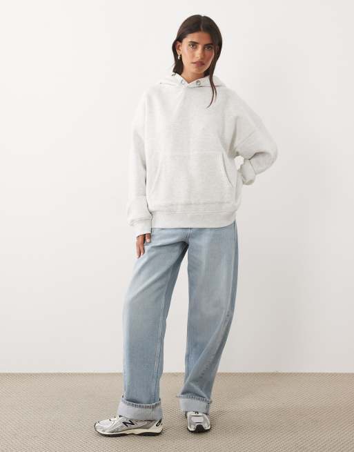 Kaiia cotton rich eyelet detail oversized logo hoodie in grey marl, 3 of 4