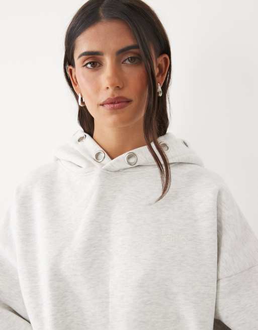 Kaiia cotton rich eyelet detail oversized logo hoodie in grey marl, 4 of 4