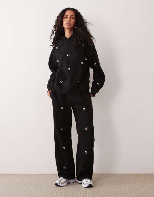 Kaiia cotton rich eyelet front oversized hoodie co-ord in black, 2 of 4