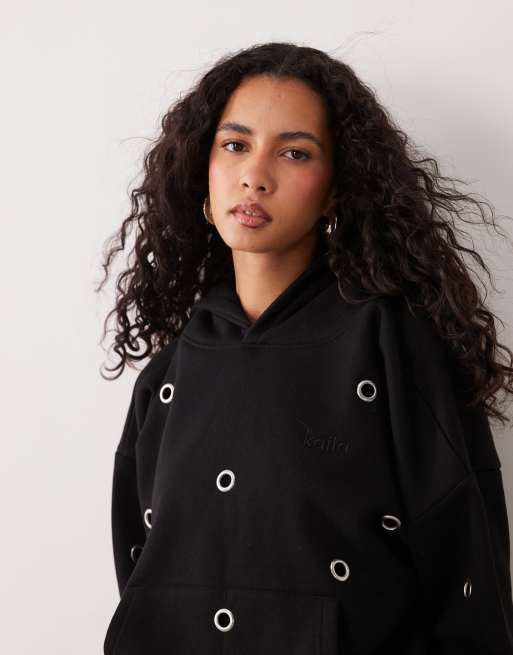 Kaiia cotton rich eyelet front oversized hoodie co-ord in black, 3 of 4