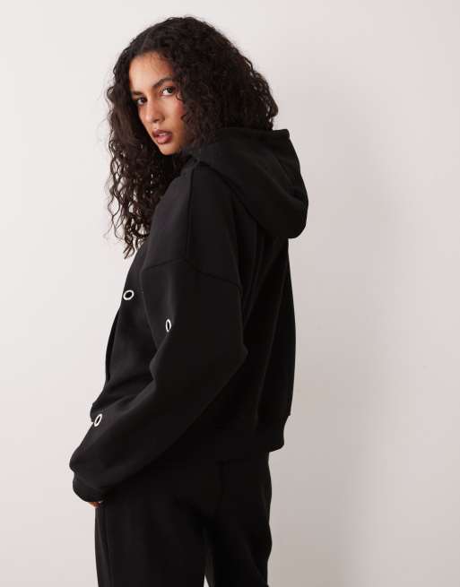 Kaiia cotton rich eyelet front oversized hoodie in black (part of a set), 4 of 4