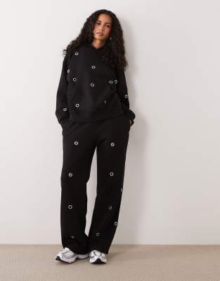 Kaiia Cotton Rich Eyelet Front Wide Leg Joggers Co-ord In Black