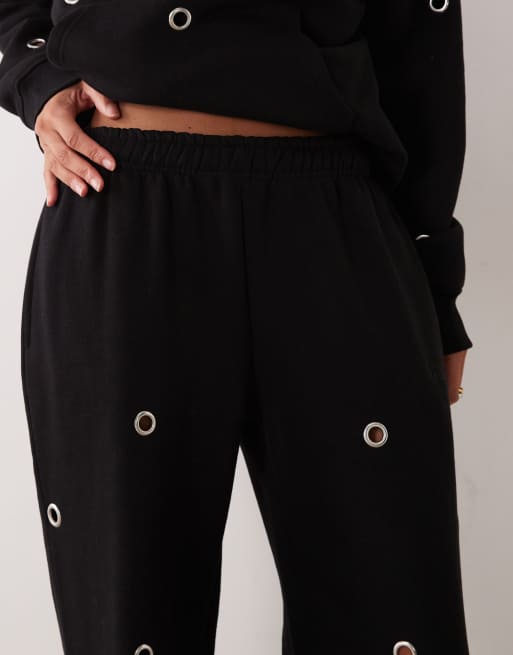 Kaiia cotton rich eyelet front wide leg joggers co-ord in black, 5 of 5