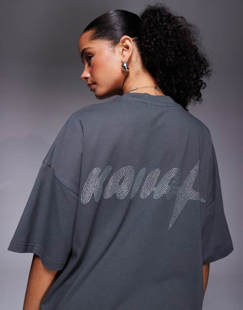 Kaiia cotton rich hotfix logo oversized t-shirt co-ord in dark grey  