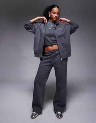 Kaiia cotton rich hotfix logo zip through hoodie in dark gray - part of a set-Black