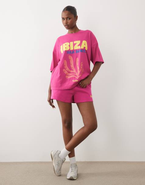 Kaiia cotton rich Ibiza graphic oversized t-shirt and sweat shorts co-ord in hot pink and orange - view 1