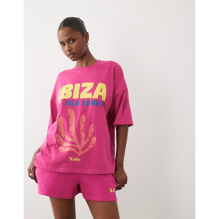 Kaiia cotton rich Ibiza graphic oversized T-shirt in hot pink and