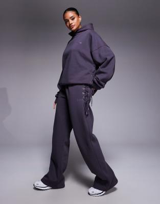 Kaiia Cotton Rich Lace Up Detail Wide Leg Joggers Co-ord In Blue