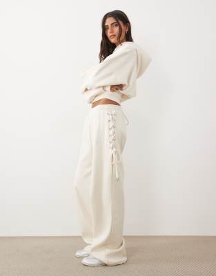 Kaiia Cotton Rich Lace Up Side Detail Wide Leg Joggers Co-ord In Neutral