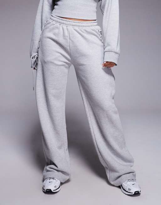 Kaiia cotton rich lace up side detail wide leg joggers co-ord in mid grey  , 2 of 5