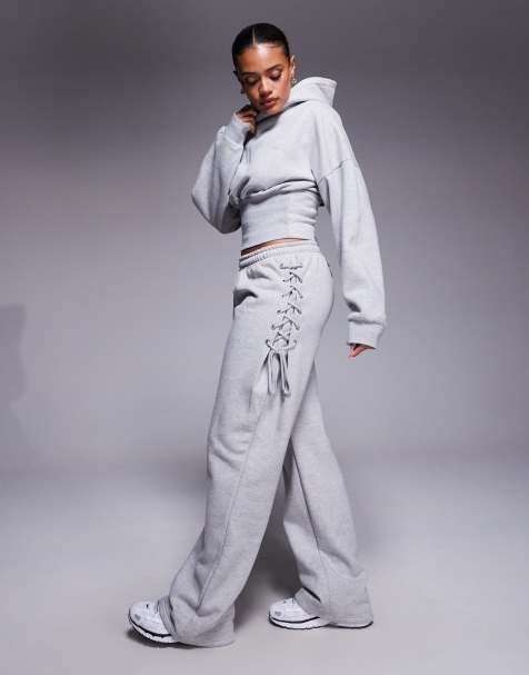 Kaiia cotton rich lace up side detail wide leg sweatpants in mid gray - part of a set - view 1