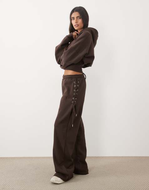 Kaiia cotton rich lace up side detail wide leg trackies in chocolate (part of a set) - view 1