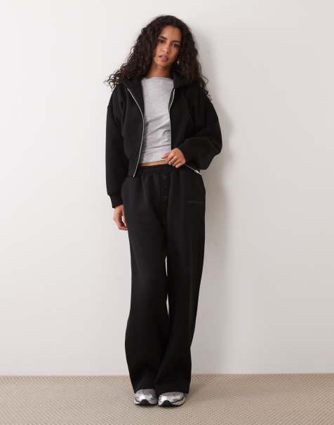 Kaiia cotton rich logo detail button front collared sweatshirt and wide leg joggers co-ord in black - view 1