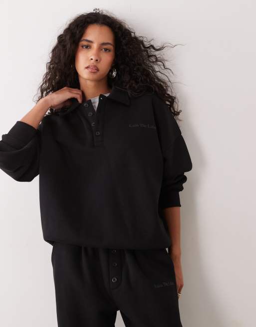 Kaiia cotton rich logo detail button front collared sweatshirt and wide leg joggers co-ord in black, 3 of 4