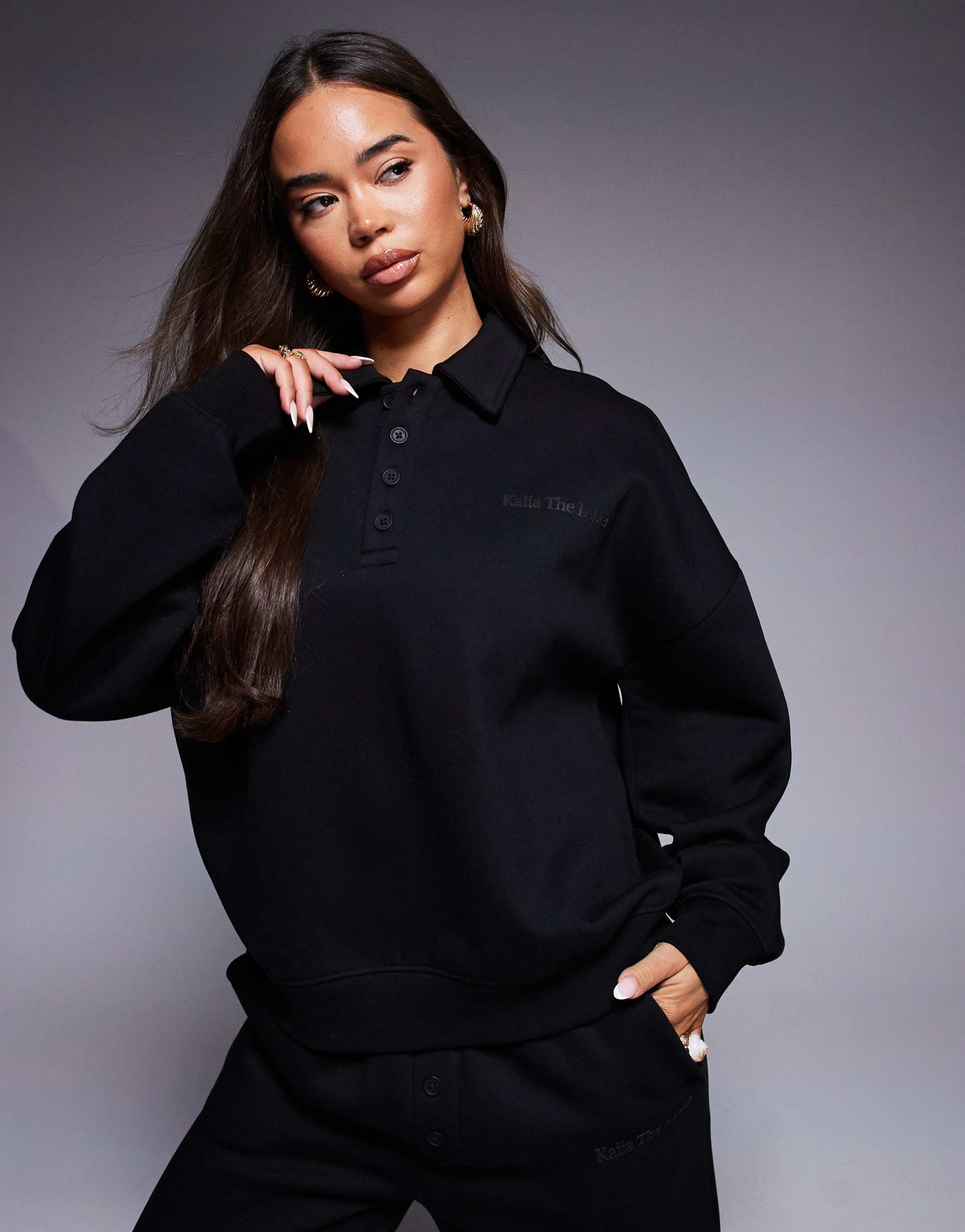 kaiia cotton rich logo detail button front collared sweatshirt in black - part of a set
