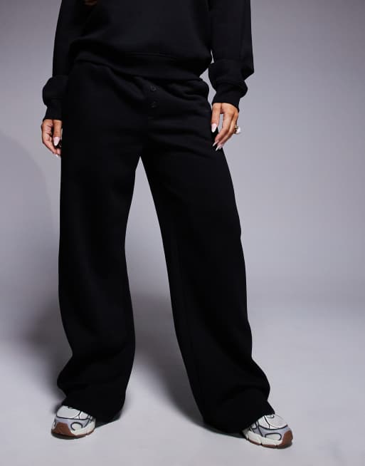 Kaiia cotton rich logo detail button wide leg joggers co-ord in black  , 2 of 5