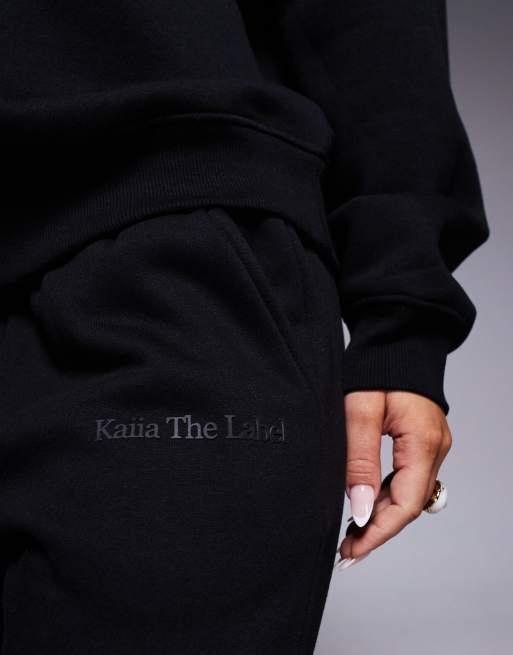 Kaiia cotton rich logo detail button wide leg joggers co-ord in black  , 3 of 5