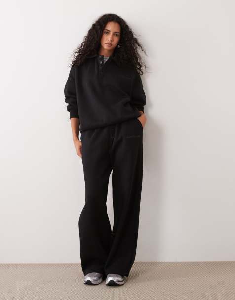 Kaiia cotton rich logo detail button wide leg joggers co-ord in black - view 1