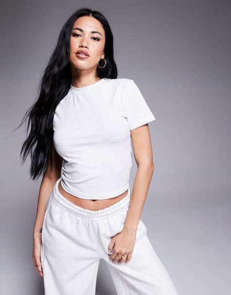 Kaiia cotton rich logo detail cropped fitted t-shirt in light heather gray - part of a set - view 1