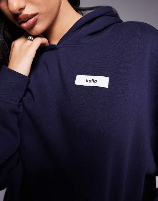 Kaiia cotton rich logo label detail oversized hoodie co-ord in navy  , 3 of 4