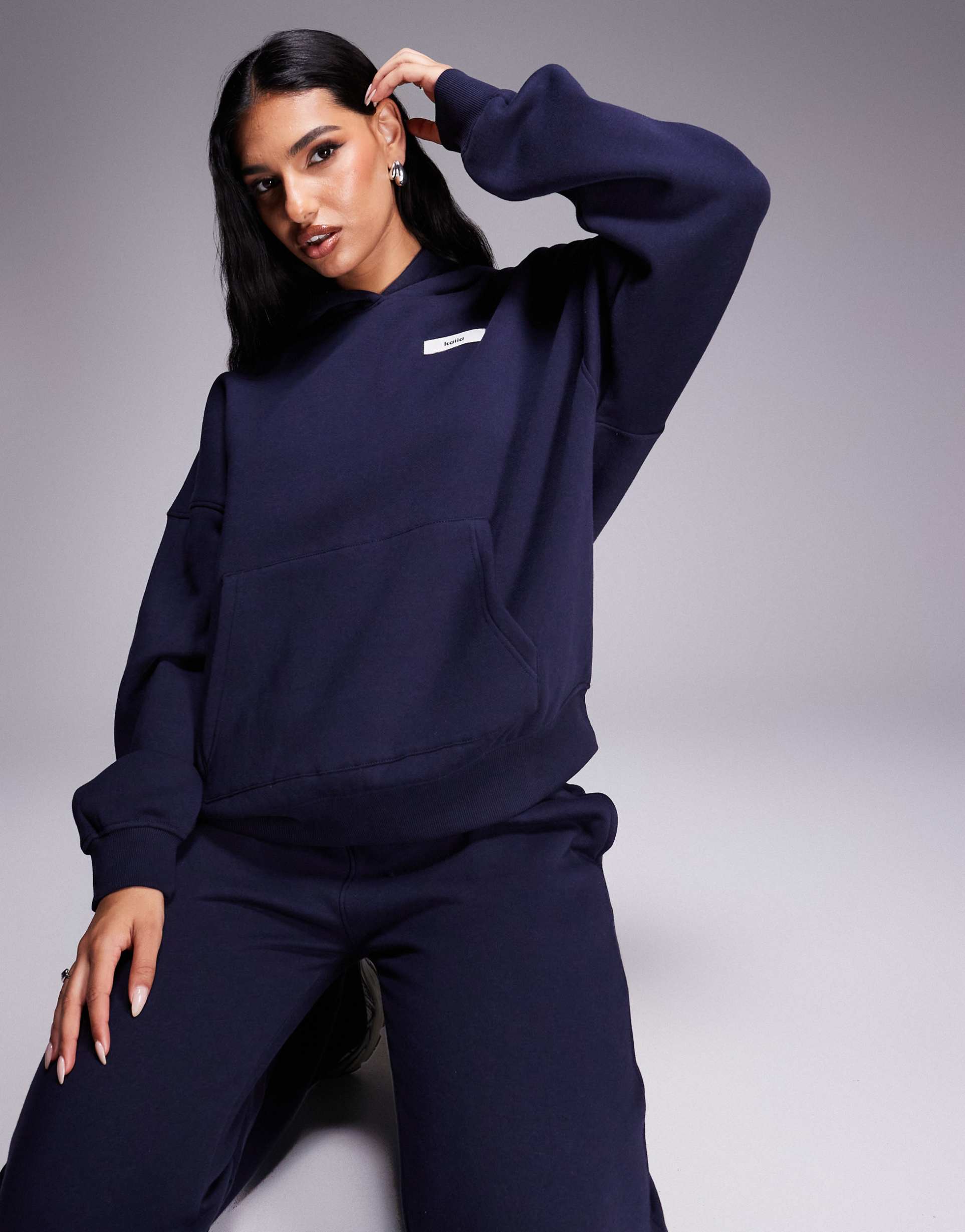 kaiia cotton rich logo label detail oversized hoodie in navy - part of a set