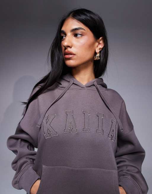 Kaiia cotton rich logo oversized hoodie co-ord in taupe  , 4 of 4