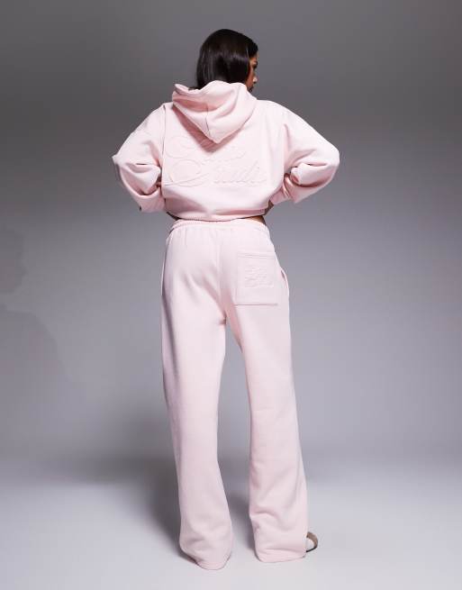 Kaiia cotton rich logo wide leg joggers co-ord in strawberry pink  , 2 of 5