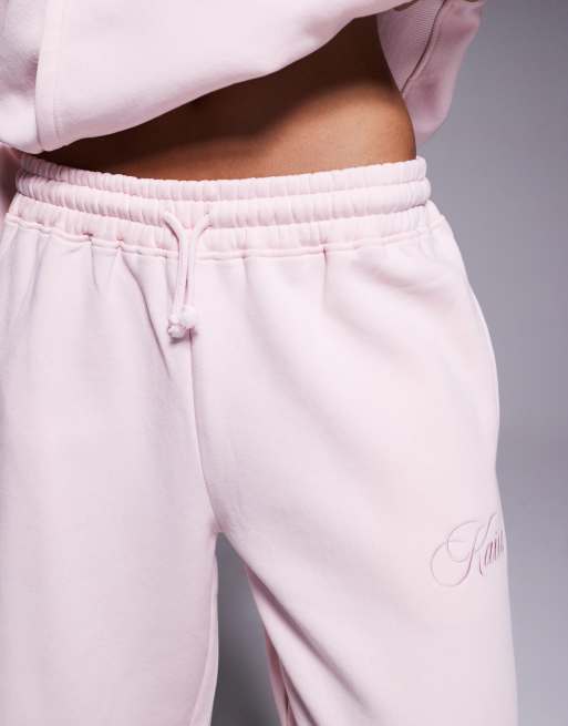 Kaiia cotton rich logo wide leg joggers co-ord in strawberry pink  , 3 of 5