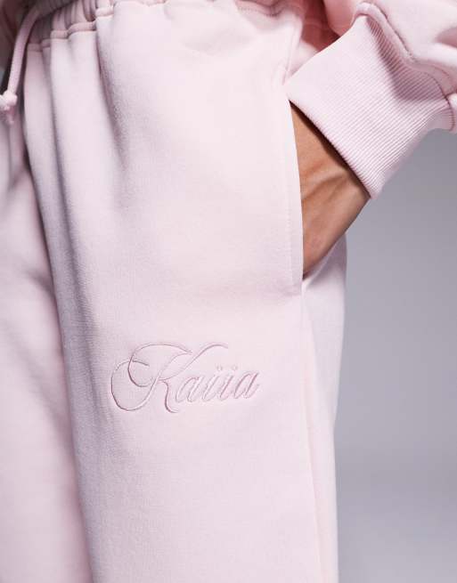 Kaiia cotton rich logo wide leg joggers co-ord in strawberry pink  , 5 of 5