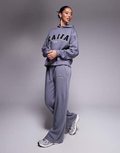 Kaiia cotton rich logo wide leg sweatpants in gray - part of a set - view 1