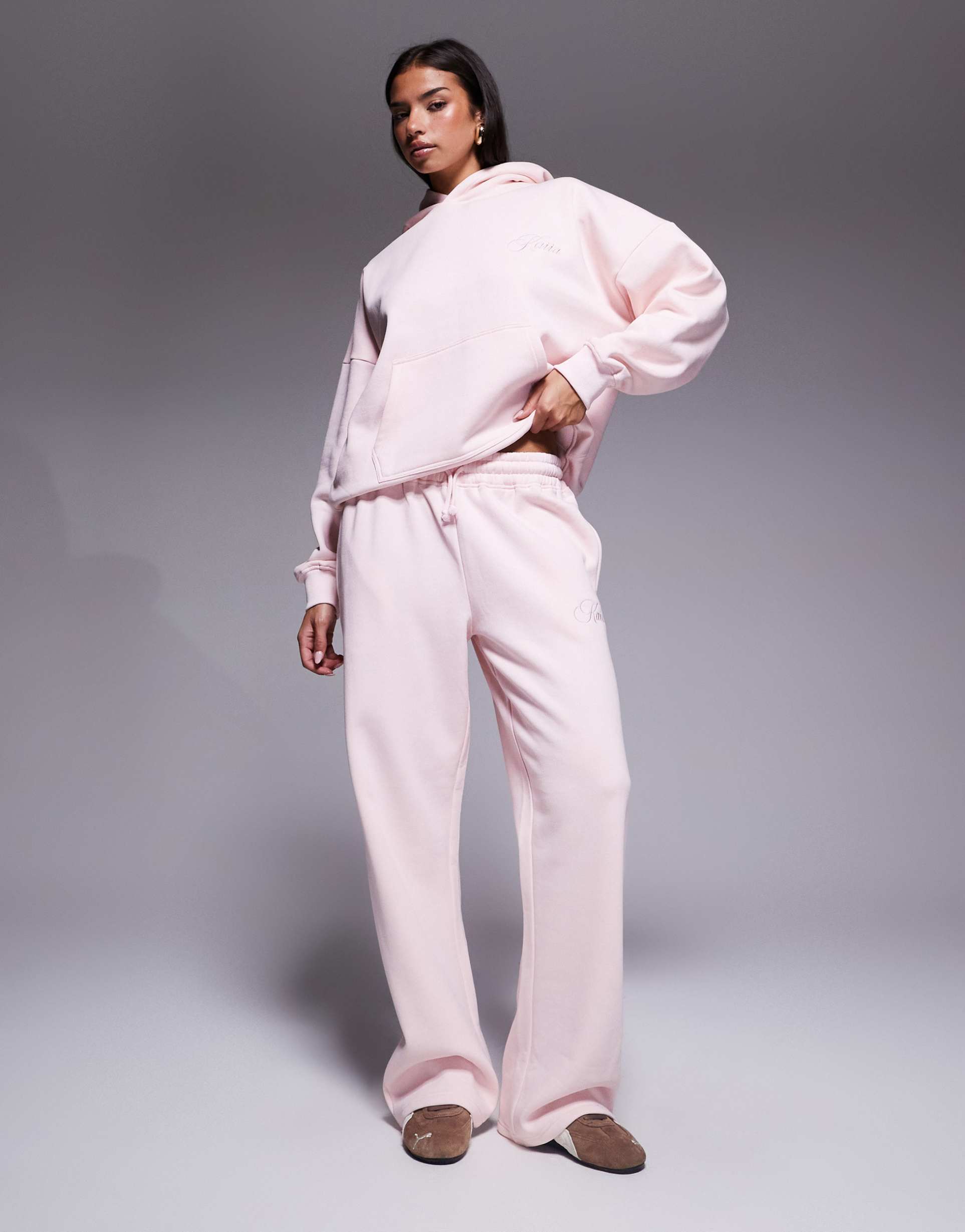 kaiia cotton rich logo wide leg sweatpants in strawberry pink - part of a set