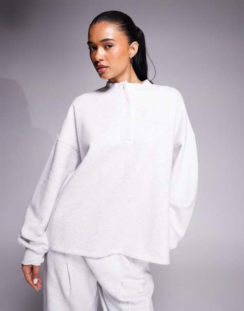 Kaiia cotton rich oversized button up henley sweatshirt co-ord in grey marl - view 1
