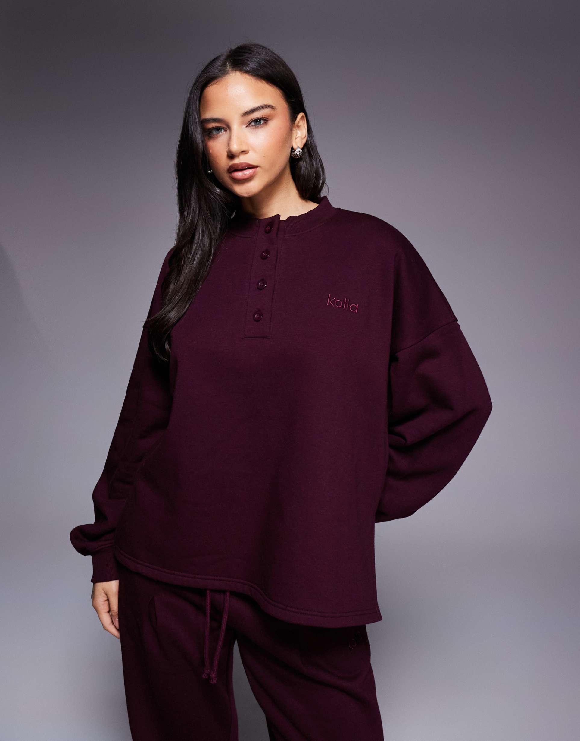 kaiia cotton rich oversized button up henley sweatshirt in burgundy - part of a set