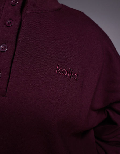 Kaiia cotton rich oversized button up henley sweatshirt in burgundy - part of a set  , 2 of 4