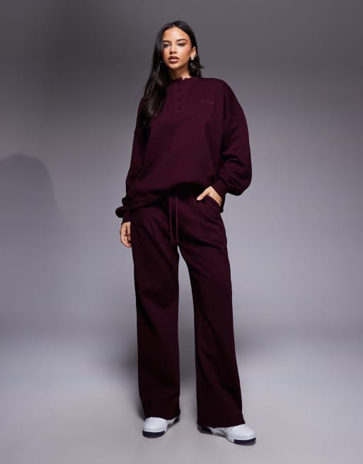 Kaiia cotton rich oversized button up henley sweatshirt in burgundy - part of a set  , 3 of 4