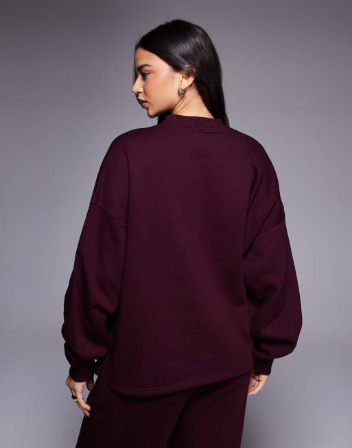 Kaiia cotton rich oversized button up henley sweatshirt in burgundy - part of a set  , 4 of 4