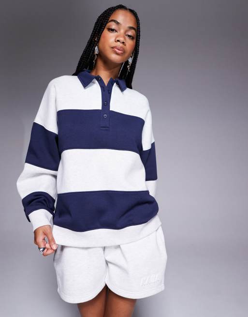 Kaiia cotton rich oversized collared rugby polo sweatshirt in gray and navy stripe  , 4 of 4
