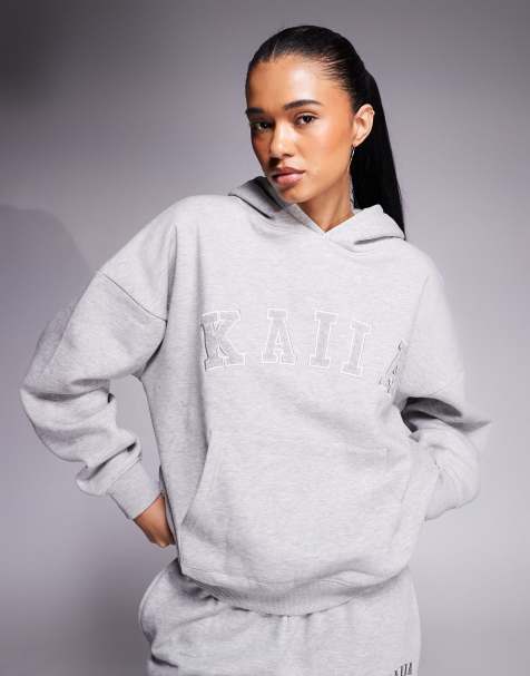 Kaiia cotton rich oversized embroidered logo hoodie in dark heather gray - part of a set - view 1
