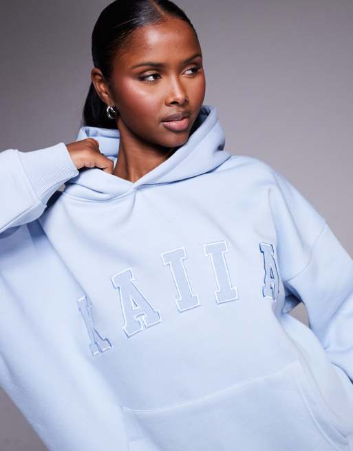 Kaiia cotton rich oversized embroidered logo hoodie in dusty blue - part of a set  , 2 of 4