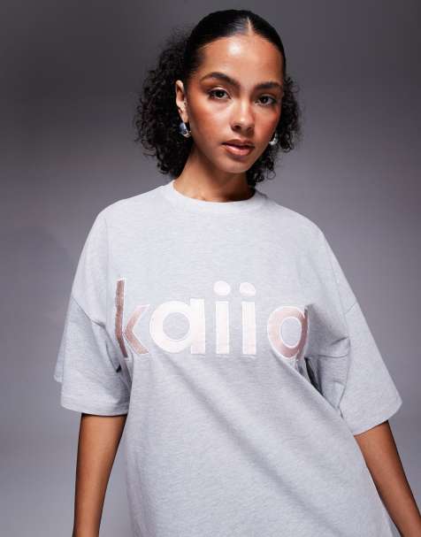 Kaiia cotton rich oversized embroidered logo t-shirt co-ord in light grey and pink - view 1