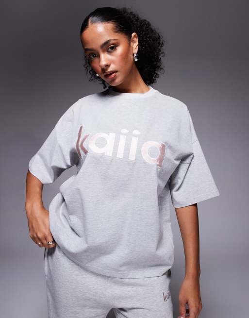 Kaiia cotton rich oversized embroidered logo t-shirt co-ord in light grey and pink    , 3 of 4