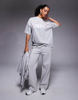 Kaiia Cotton Rich Embroidered Logo Wide Leg Sweatpants In Gray