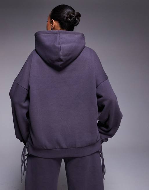 Kaiia cotton rich oversized lace up detail hoodie co-ord in charcoal  , 4 of 4
