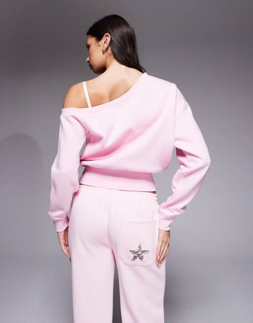 Kaiia cotton rich oversized one shoulder sweatshirt in baby pink (part of a set), 3 of 4