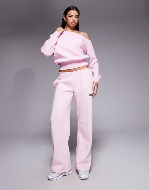 Kaiia cotton rich oversized one shoulder sweatshirt in baby pink (part of a set), 4 of 4