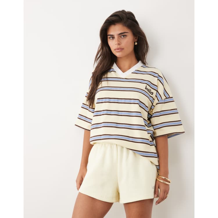 Kaiia cotton rich oversized V-neck rugby tee in yellow multi